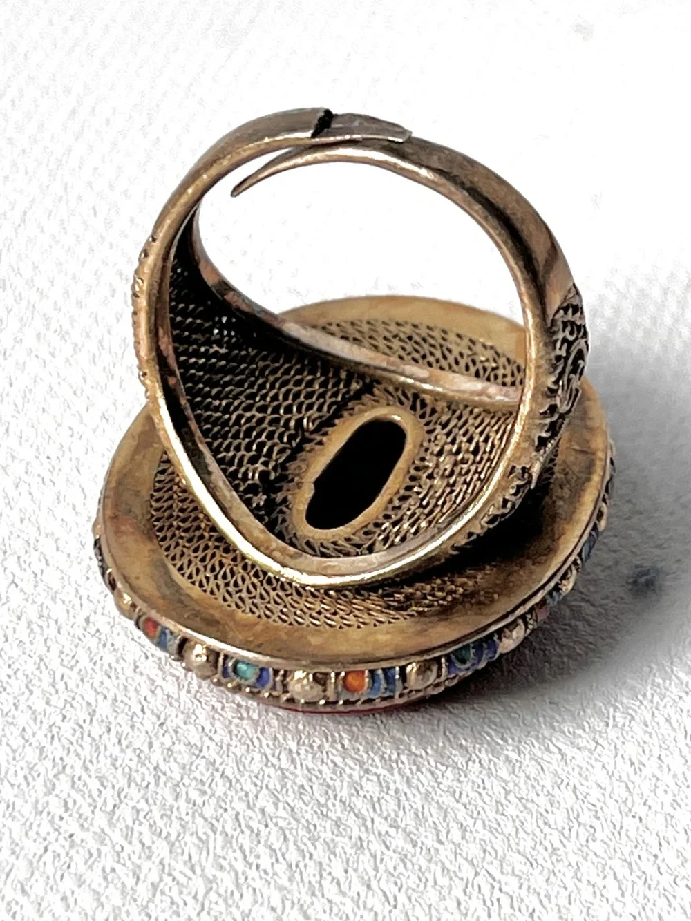 Antique Chinese Cinnabar Ring Carved Floral Silver Gold Gilt Enamel Adjustable